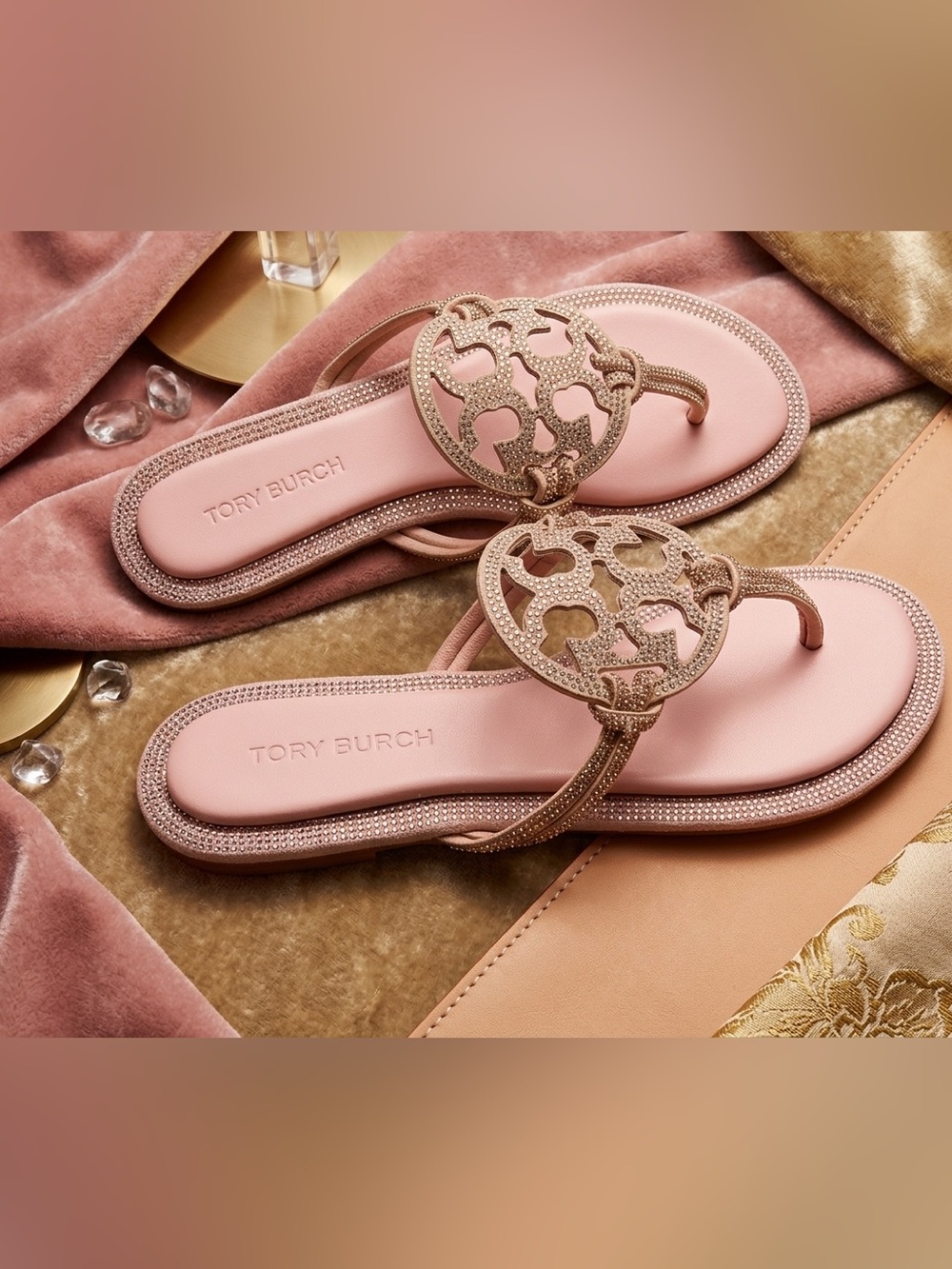 Tory Burch Rose Gold Crystal Logo Thong Sandals